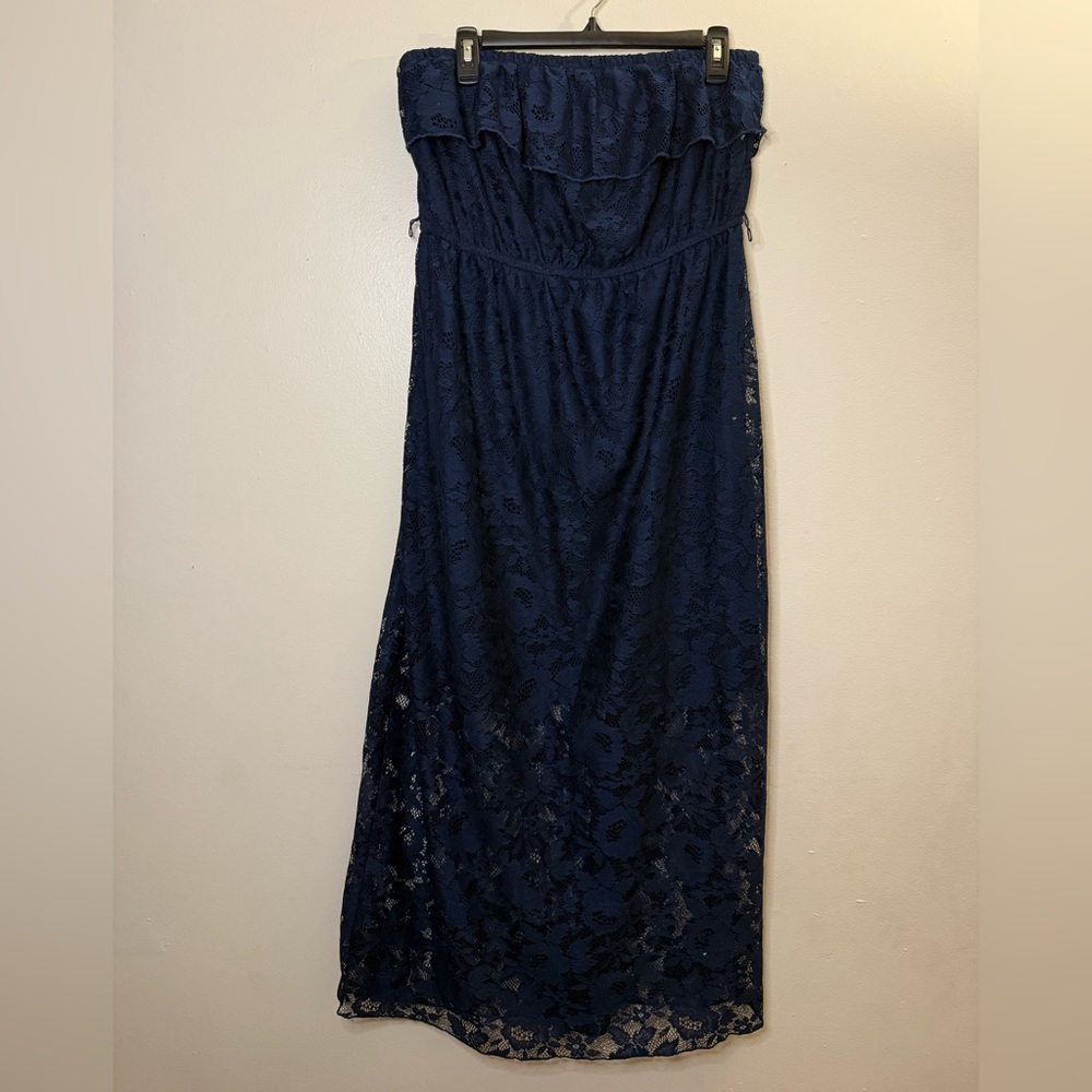 Trixxi Strapless Lace Navy Blue Floral Maxi Dress Spring Summer Vacation Boho